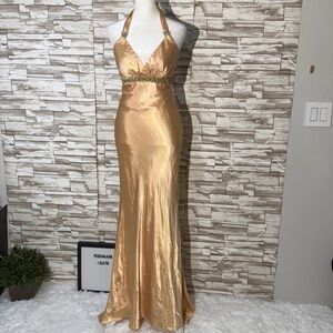 Bari Jay Gold Halter prom/ bridesmaid Gown